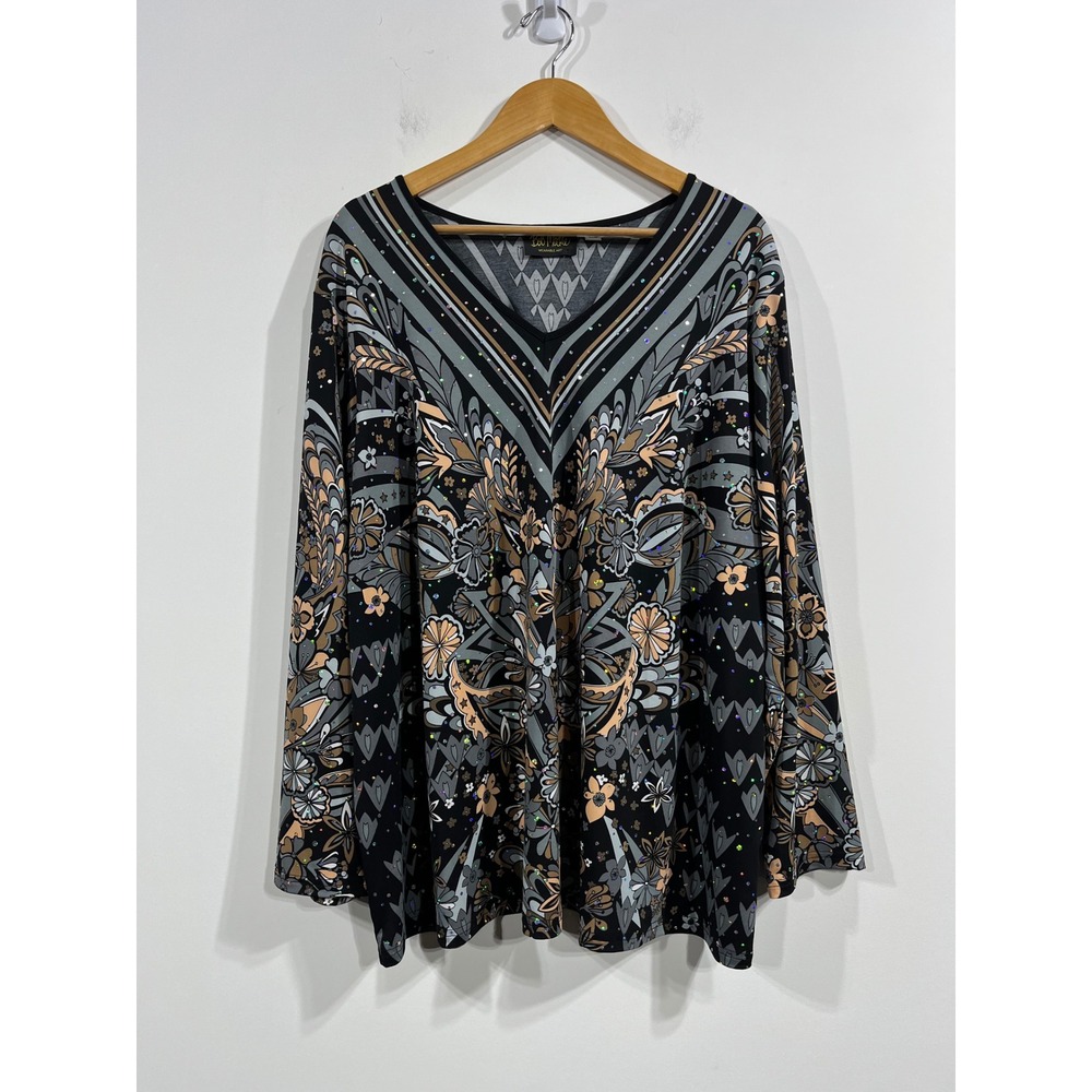 Bob Mackie Black Floral V-Neck Long Sleeve Blouse with Gray and Tan Accents.